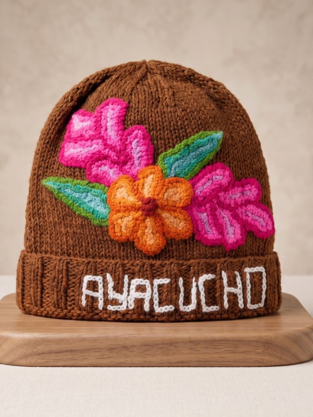 Hand-Knitted Peruvian Chullo Hat – Sheep's Wool with Ayacucho-Style Floral Patte